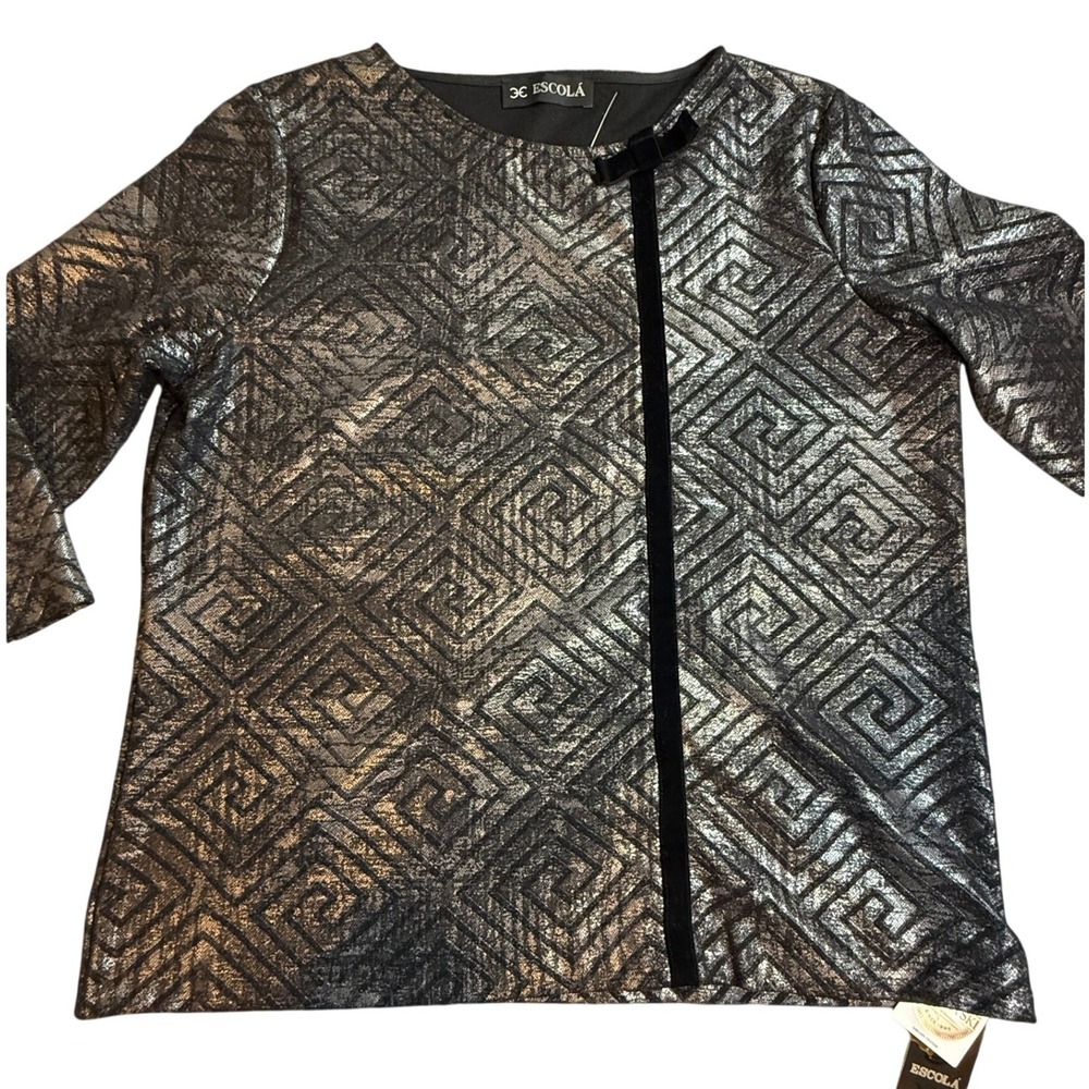 Escola Metallic Silver Black Greek Key Top Swarovski Crystal Logo  NWT US 10/12